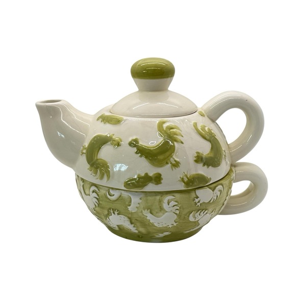MSRF, Inc Design Other - VTG MSRF Design Studios Rooster Tea For One 2 Part Teapot & Cup Stack Set Green